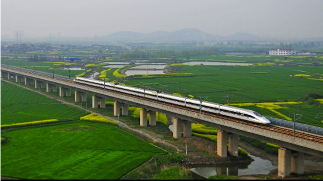 China:  World's longest bridge,  The Danyang–Kunshan Grand Bridge, is a 102.4 miles long viaduct on the Beijing–Shanghai High-Speed Railway. 